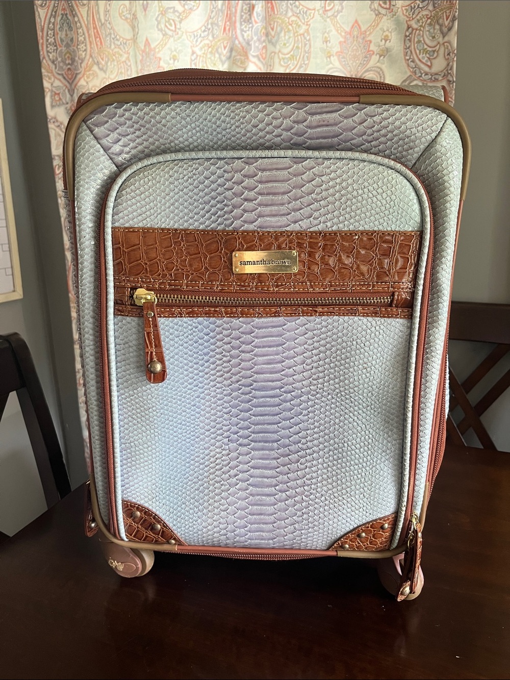 Silver Blue & Purple Snake-Embossed Carry-On with Brown Croc Trim
